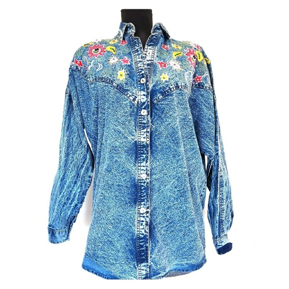 Vintage 80s Acid Washed Embroidered Denim Jacket - Picture 1 of 6